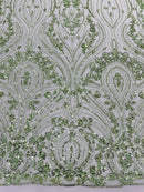 Sage Green Fashion Design Beads and Sequins, Luxury Beaded Fabric Embroidered on a Mesh Lace,Wedding,Bridal,Dress Sold By The Yard