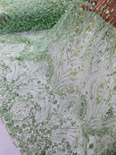 Sage Green Fashion Design Beads and Sequins, Luxury Beaded Fabric Embroidered on a Mesh Lace,Wedding,Bridal,Dress Sold By The Yard