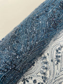 Smoke Blue Fashion Design Beads and Sequins, Luxury Beaded Fabric Embroidered on a Mesh Lace,Wedding,Bridal,Dress Sold By The Yard
