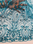 Turquoise Fashion Design Beads and Sequins, Luxury Beaded Fabric Embroidered on a Mesh Lace,Wedding,Bridal,Dress Sold By The Yard