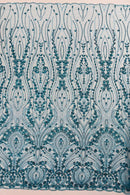Turquoise Fashion Design Beads and Sequins, Luxury Beaded Fabric Embroidered on a Mesh Lace,Wedding,Bridal,Dress Sold By The Yard