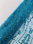 Turquoise Fashion Design Beads and Sequins, Luxury Beaded Fabric Embroidered on a Mesh Lace,Wedding,Bridal,Dress Sold By The Yard
