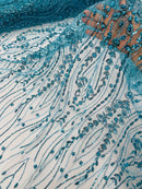 Turquoise Fashion Design Beads and Sequins, Luxury Beaded Fabric Embroidered on a Mesh Lace,Wedding,Bridal,Dress Sold By The Yard
