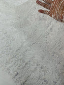 White Fashion Design Beads and Sequins, Luxury Beaded Fabric Embroidered on a Mesh Lace,Wedding,Bridal,Dress Sold By The Yard