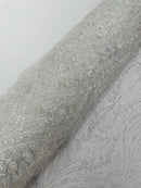 White Fashion Design Beads and Sequins, Luxury Beaded Fabric Embroidered on a Mesh Lace,Wedding,Bridal,Dress Sold By The Yard