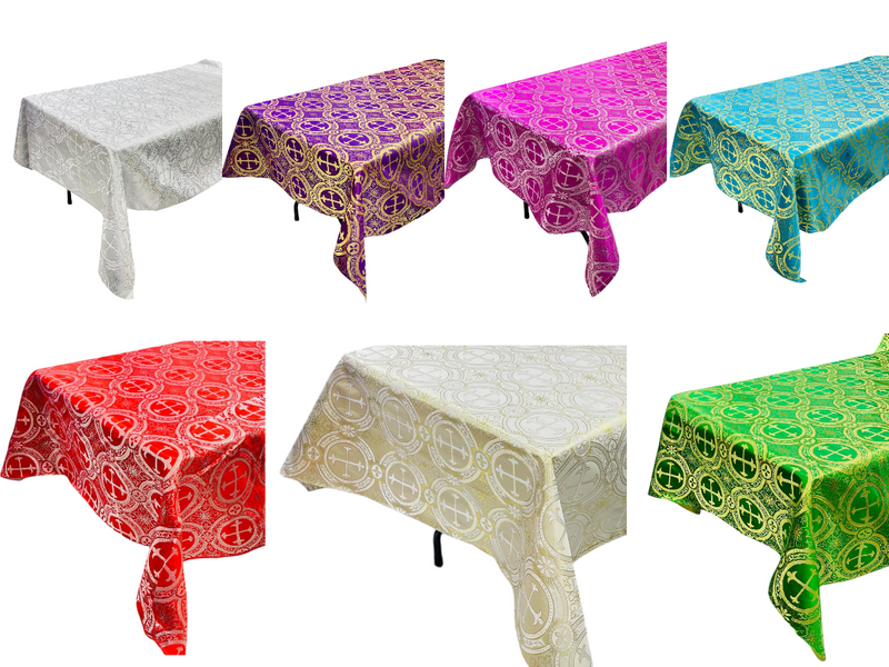 Cross Print Brocade Tablecloth - Jacquard Religious Print Church Fabric Table Covers