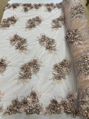 3D Floral Clusters - Dark Nude Black Thread Embroidered Flowers Beads Rhinestones On Lace Yard