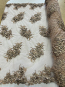 3D Floral Clusters - Light Brown Black Thread Embroidered Flowers Beads Rhinestones On Lace Yard