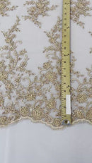Beaded Fancy Floral Cluster - Champagne - Embroidered Glamorous Floral Design by Yard