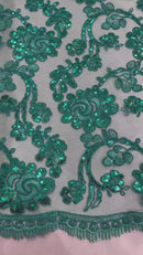 Floral Embroidered Lace - Teal - Floral Corded Lace With Sequins Sold By Yard