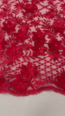 3D Triangle Floral Pearl Fabric - Red - 3D Embroidered Floral Design on Lace Mesh By Yard