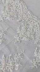 Fancy Border Cluster Fabric - Off-White - Embroidered Beaded Flower Lace Design on Mesh Yard