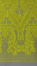 Yellow Sequins Fabric on Mesh, Damask Design 4 Way Stretch Sequin Fabric Sold By The Yard