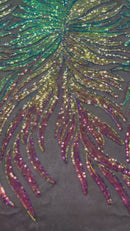 Feather Wings Sequins - Rainbow Iridescent on Black - 4 Way Stretch Embroidered Wings Sequin By Yard