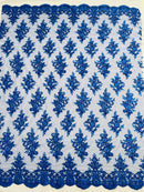 Floral Bridal Lace - Royal Blue - Flower Damask Design Embroidered on Mesh Lace Fabric