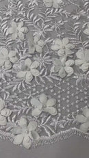3D Triangle Floral Pearl Fabric - White - 3D Embroidered Floral Design on Lace Mesh By Yard