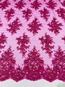 Flower Cluster Fabric - Fuchsia - Embroidered Floral Design With Sequins on Mesh Lace Fabric