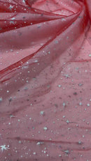 Foil Star Sheer Organza - Silver On Red - 60" Sheer Silver Star Organza Fabric Sold By Yard