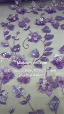 Lilac 3D Floral Design Embroider and Beaded With Pearls On a Mesh Lace Fabric By The Yard