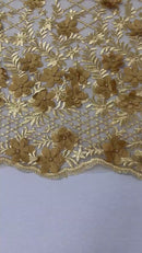 3D Triangle Floral Pearl Fabric - Gold - 3D Embroidered Floral Design on Lace Mesh By Yard