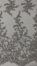 Beaded Fancy Floral Cluster - Silver - Embroidered Glamorous Floral Design by Yard