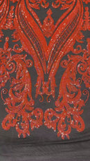 Damask Sequins - Orange on Black - Damask Sequin Design on 4 Way Stretch Fabric By Yard