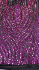 Three Tone Feather Fabric - Magenta/Black - 4 Way Stretch Embroidered Sequins By Yard