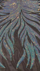 Feather Wings Sequins - Iridescent Blue on Black - 4 Way Stretch Embroidered Wings Sequin By Yard