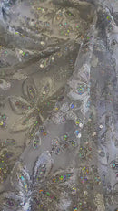 Holographic Floral Lace - Silver - Flower Sequins Lace Design w/ Metallic Thread by Yard