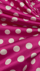 Polka Dot Satin Fabric - White on Hot Pink -  3/4" Inch Soft Silky Satin Polka Dot Fabric Sold By Yard