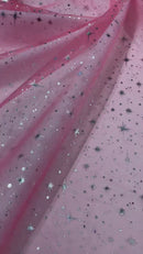 Foil Star Sheer Organza - Silver On Coral - 60" Sheer Silver Star Organza Fabric Sold By Yard