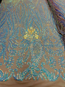 Paisley Lines Sequin Fabric - Iridescent Aqua/Blue - 4 Way Stretch Fancy Fabric By The Yard