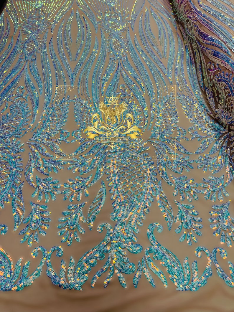 Paisley Lines Sequin Fabric - Iridescent Aqua/Blue - 4 Way Stretch Fan