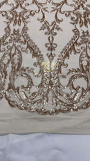 Matte Champagne Sequin Fabric On a Mesh 4 Way Stretch, Sequins Fabric Damask Design By The Yard