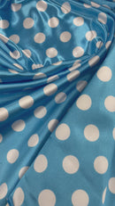 Polka Dot Satin Fabric - White on Turquoise -  3/4" Inch Soft Silky Satin Polka Dot Fabric Sold By Yard