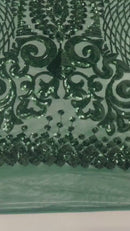 Geometric Design Fabric - Hunter Green - 4 Way Stretch Embroidered Design Sequins Fabric By Yard