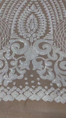 Geometric Design Fabric - White on Nude - 4 Way Stretch Embroidered Design Sequins Fabric By Yard