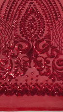 Geometric Design Fabric - Red - 4 Way Stretch Embroidered Design Sequins Fabric By Yard
