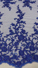 Beaded Fancy Floral Cluster - Royal Blue - Embroidered Glamorous Floral Design by Yard