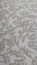 Plant Cluster Fabric - Clear Nude Mesh - Beaded Embroidered Leaf Plant Design on Lace Mesh By Yard