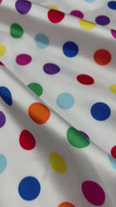 Polka Dot Satin Fabric - Multi-Color on White -  3/4" Inch Soft Silky Satin Polka Dot Fabric Sold By Yard