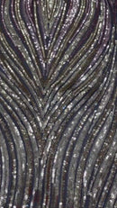 Three Tone Feather Fabric - Black/Rose/Light Gold - 4 Way Stretch Embroidered Sequins By Yard