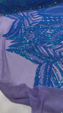 Iridescent Sequin Fabric - Turquoise on Lilac - 4 Way Stretch Royalty Lace Sequin By Yard