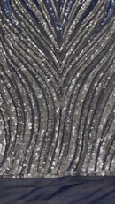 Three Tone Feather Fabric - Black/Silver/Blue - 4 Way Stretch Embroidered Sequins By Yard