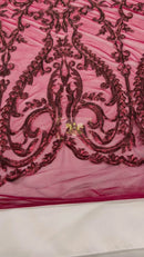 Matte Burgundy Sequin Fabric On a Mesh 4 Way Stretch, Sequins Fabric Damask Design By The Yard