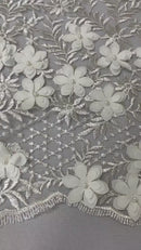 3D Triangle Floral Pearl Fabric - Ivory - 3D Embroidered Floral Design on Lace Mesh By Yard