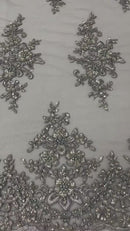 Fancy Border Cluster Fabric - Silver - Embroidered Beaded Flower Lace Design on Mesh Yard