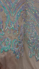 Damask Sequins - Aqua/Blue on Blush Mesh