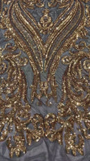 Gold Sequins Fabric on Black Mesh, Damask Design 4 Way Stretch Sequin Fabric Sold By The Yard