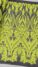 Damask Sequins - Yellow on Black - Damask Sequin Design on 4 Way Stretch Fabric By Yard
